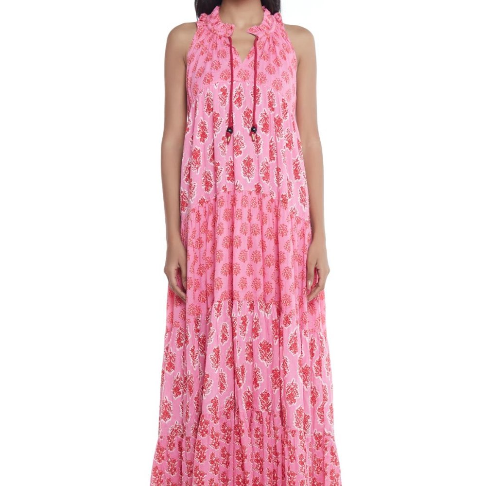 Pink Floral Maxi Dress with Ruffle Neck